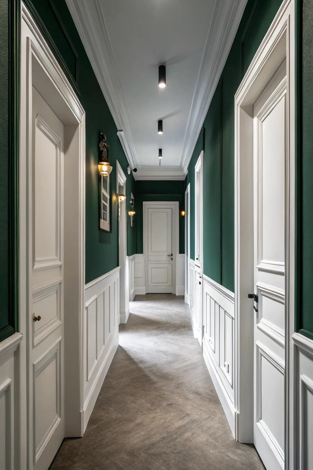 White trim creates a refreshing contrast against the forest green walls.