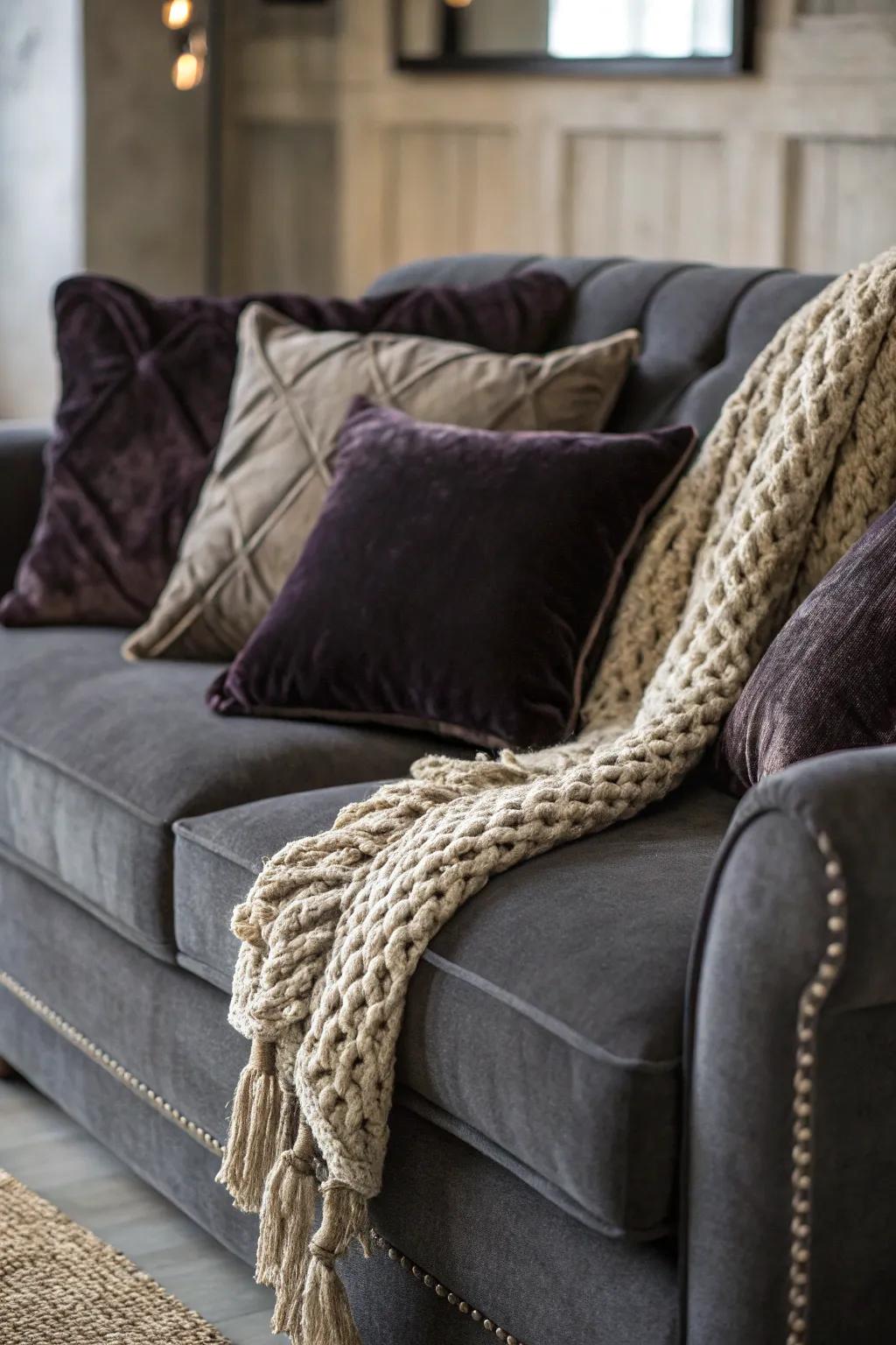 Textiles foster an intimate and inviting space enveloping your charcoal couch.