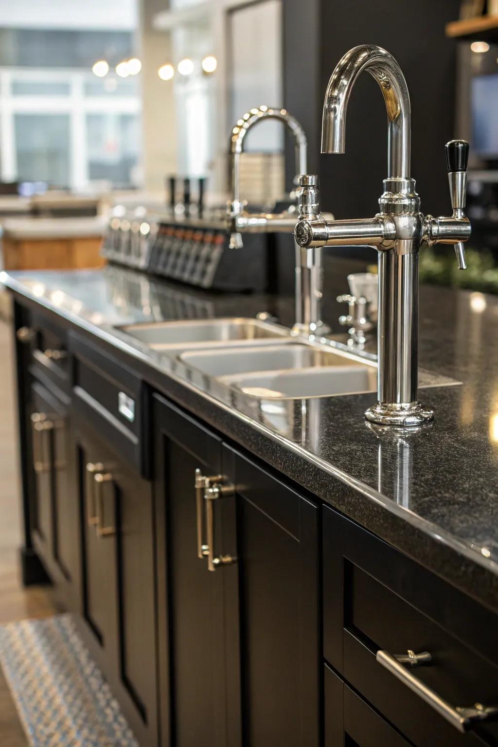 Modern stainless steel fixtures inject a sleek, contemporary edge into dark cabinetry.