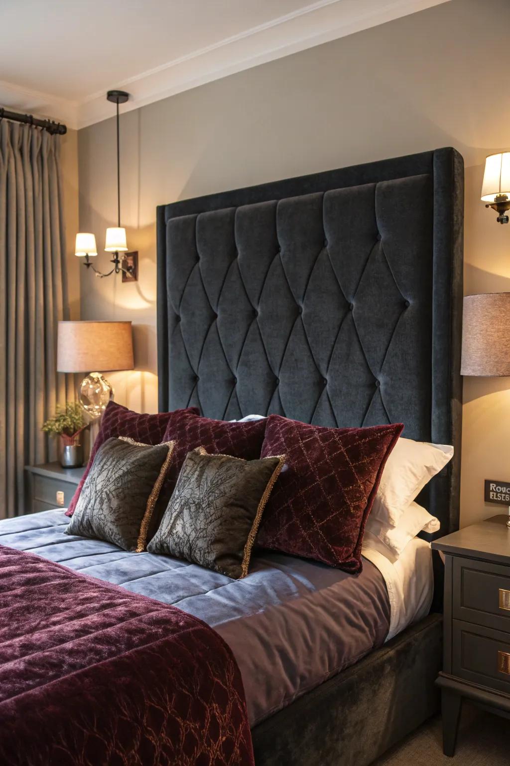 Velvet impressions in shadowy shades introduce opulent warmth to a vintage-inspired bedroom.