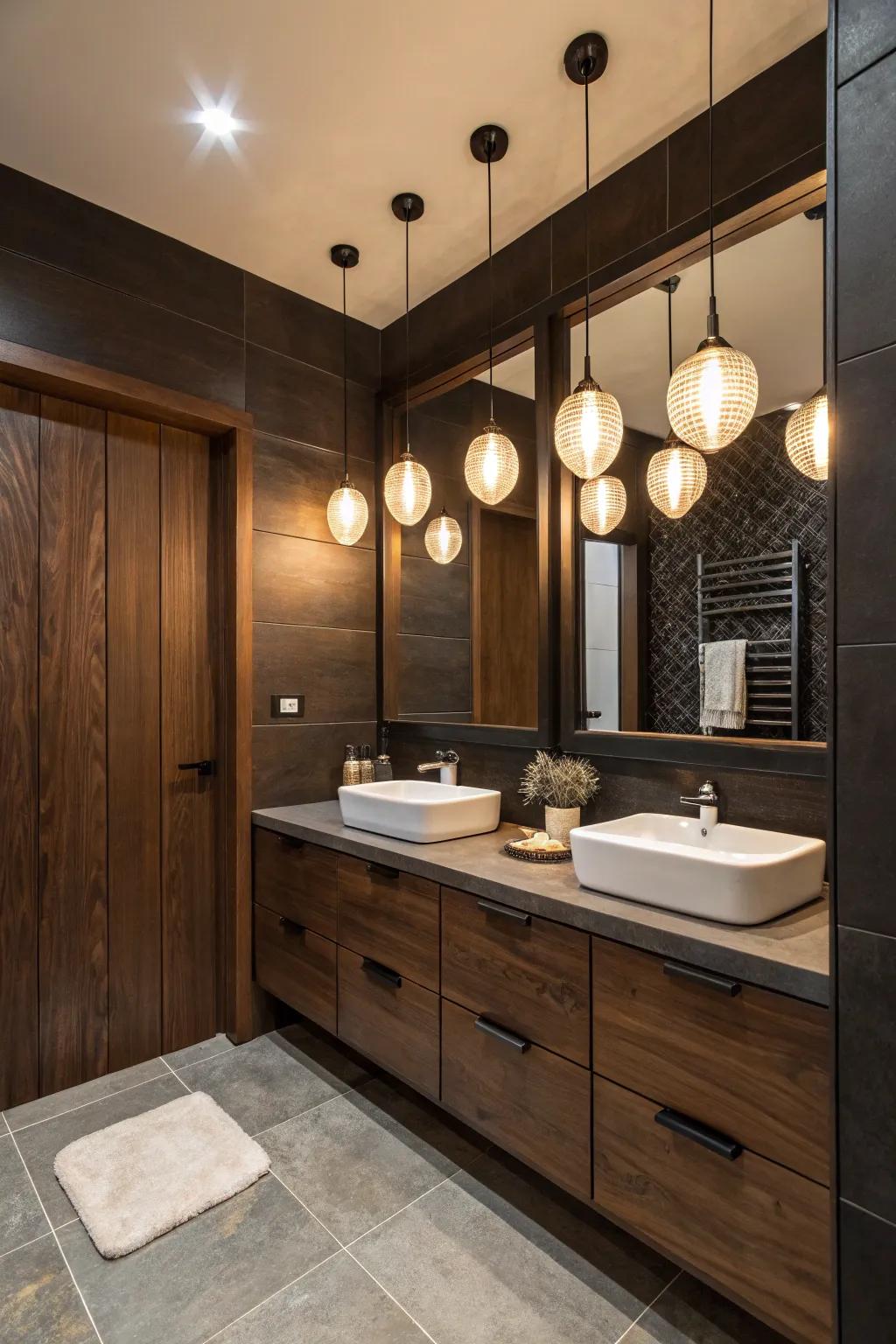 Gentle lighting enhances the details of mahogany features in this bathroom.
