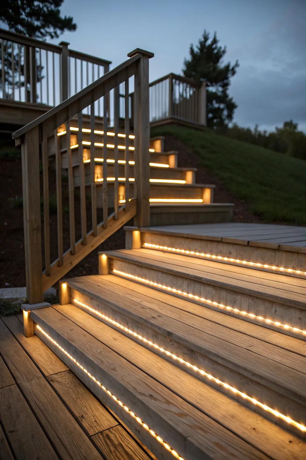 LED strips cast an enchanting light beneath steps