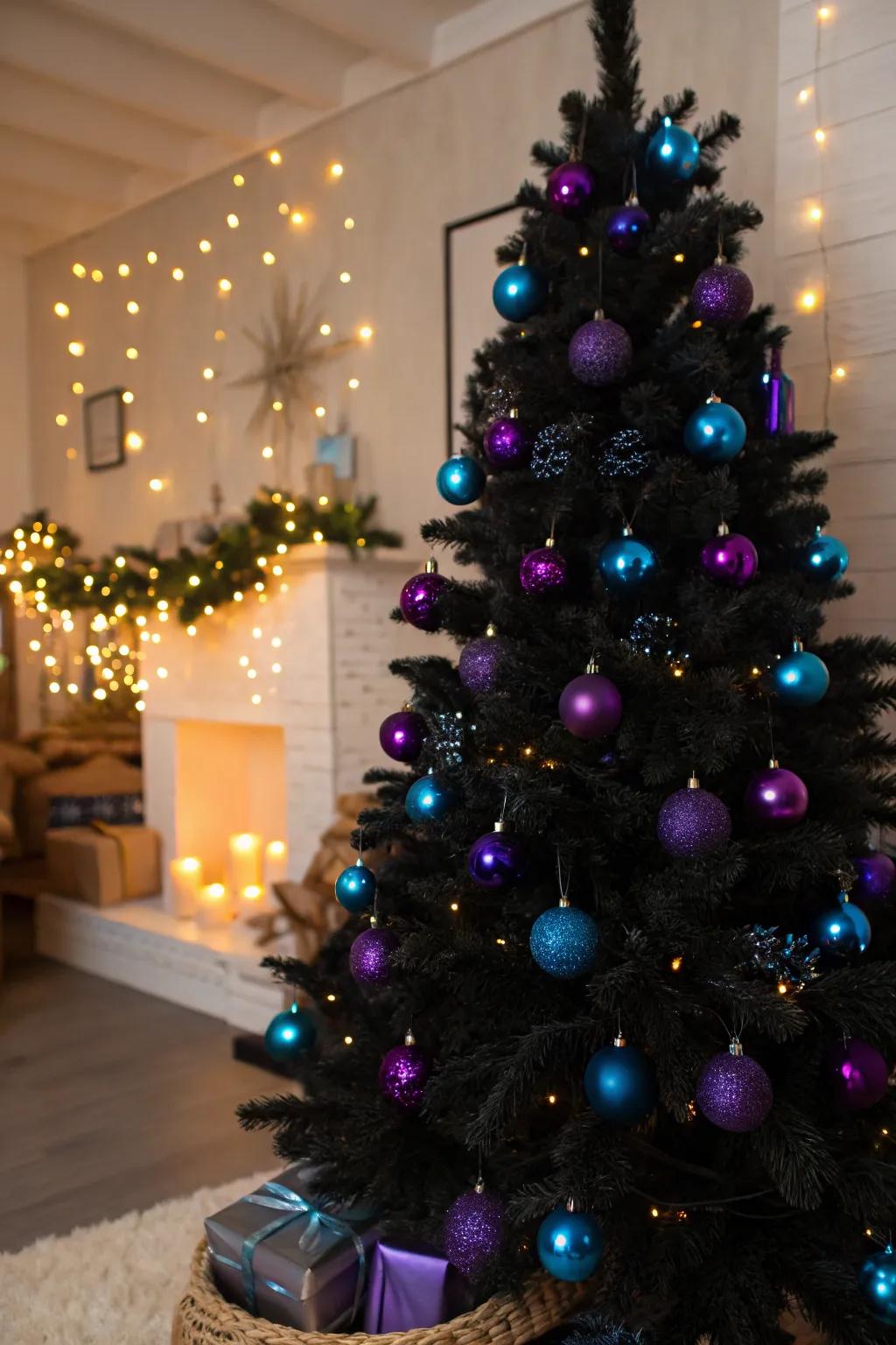 A bold charcoal Christmas tree with multicolored ornaments.