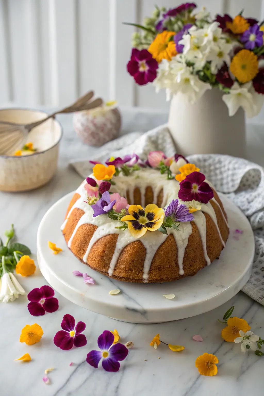 A ring cake elegantly embellished with garden blooms that are safe to eat.