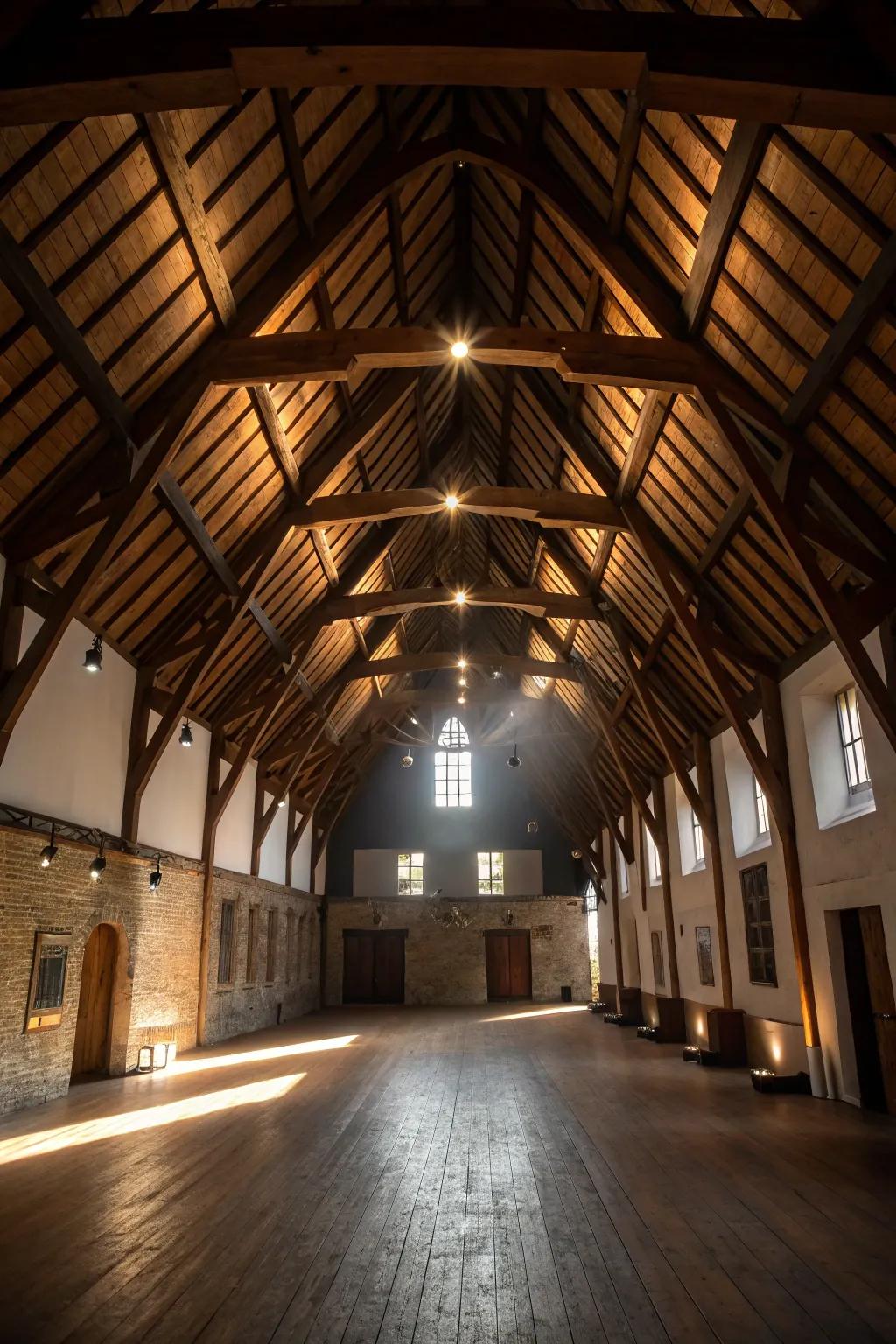 Visible beams emphasize the sensational architecture presented by a soaring ceiling.