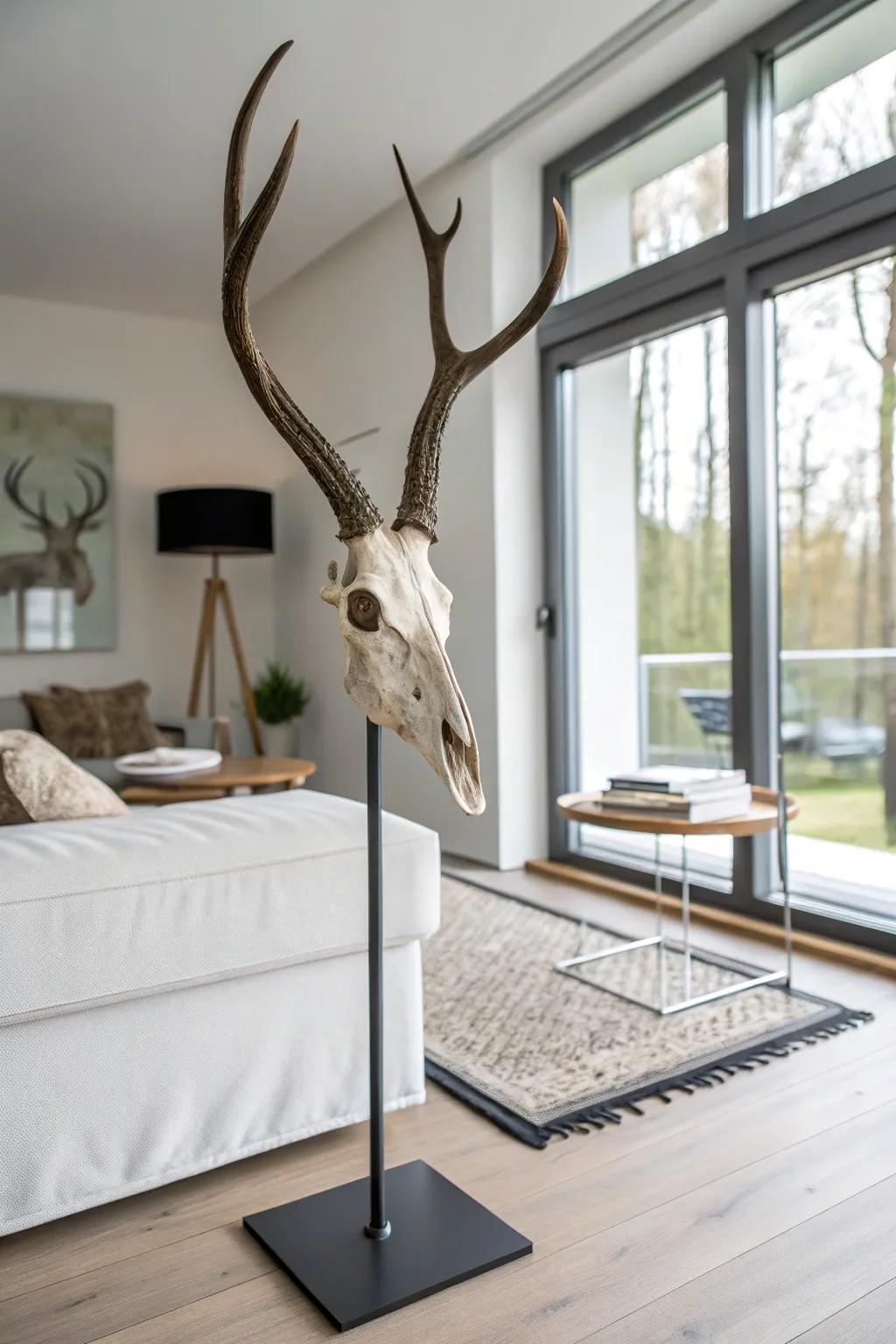 A simple metal pedestal presents a streamlined display for your deer skull.