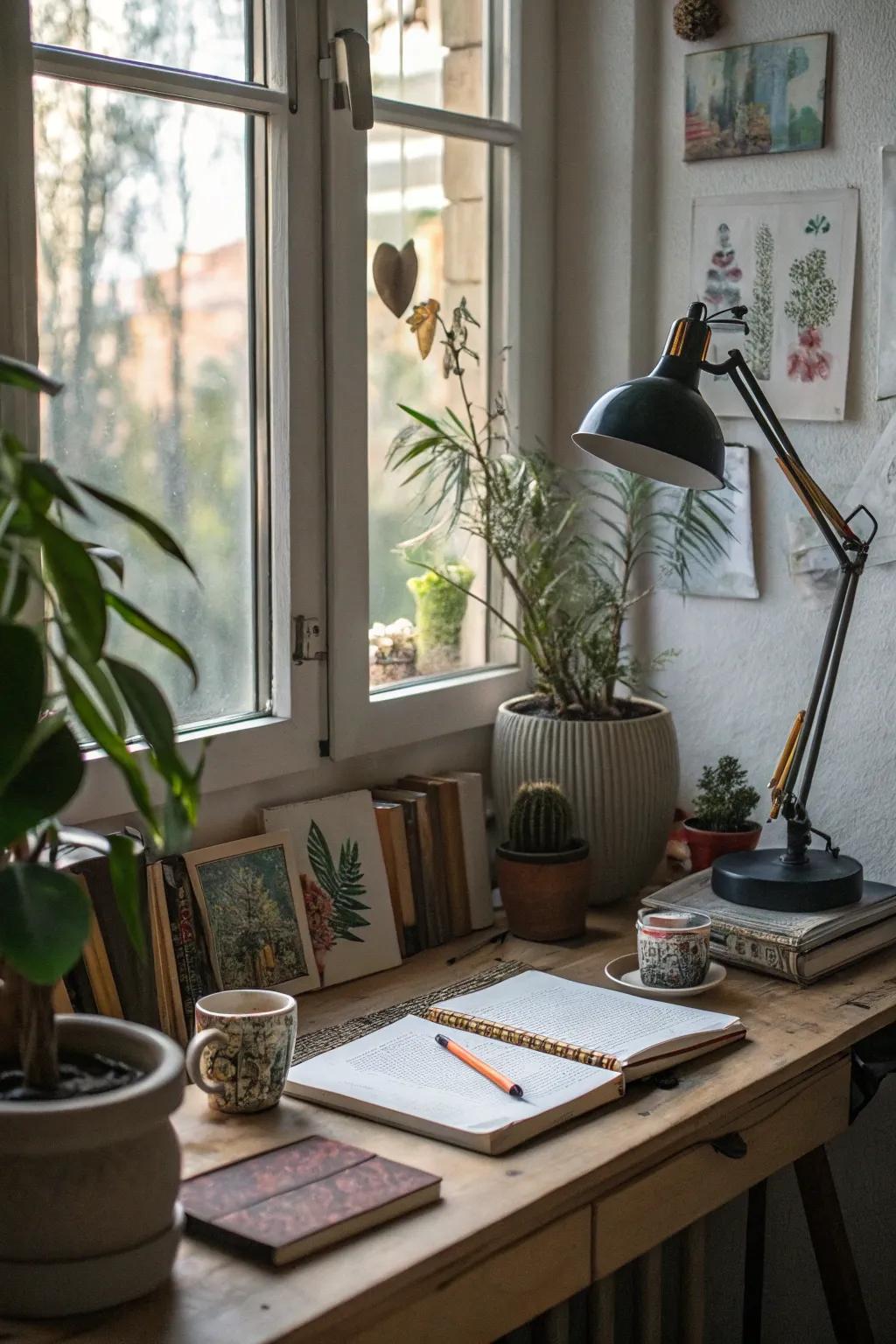 Artistic accents bring a personal touch to the workspace.
