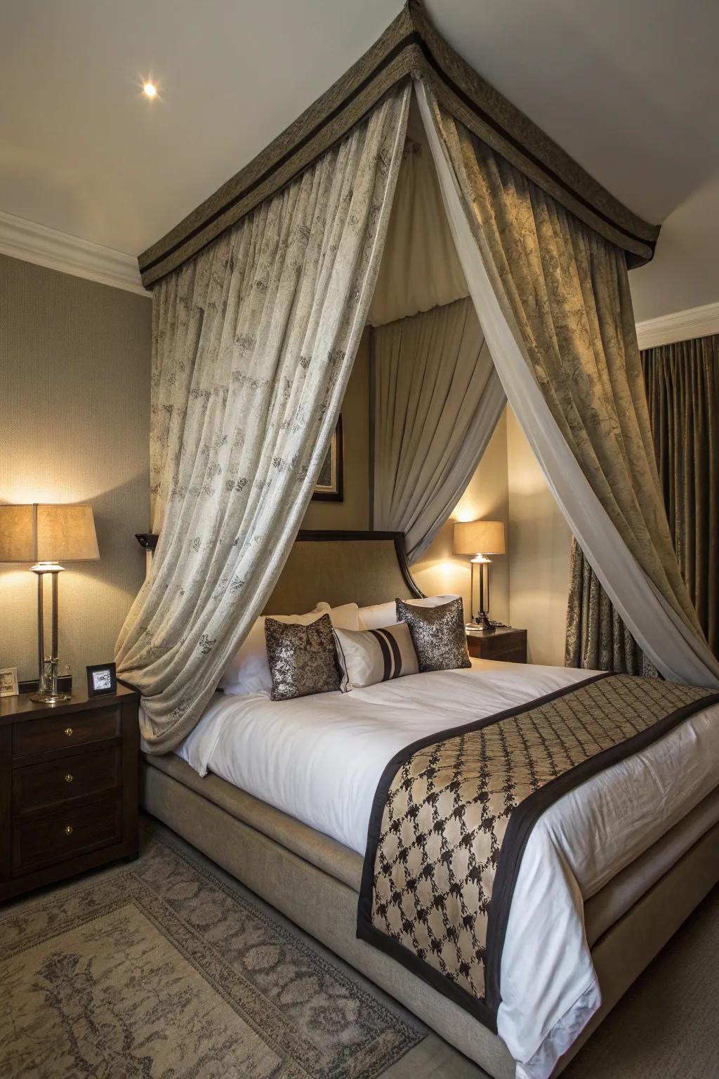 With a canopy, a diagonal bed transforms into an extravagant getaway.