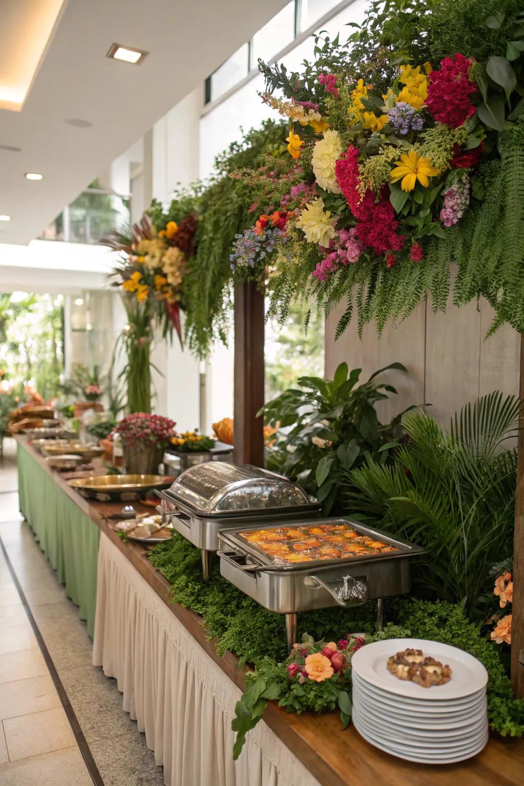Dynamic greenery and flowers breathe vitality into this buffet.