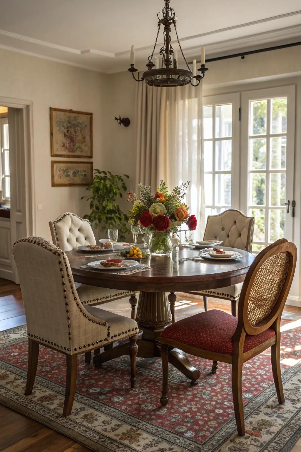 Design an eclectic dining space by blending different furniture aesthetics.