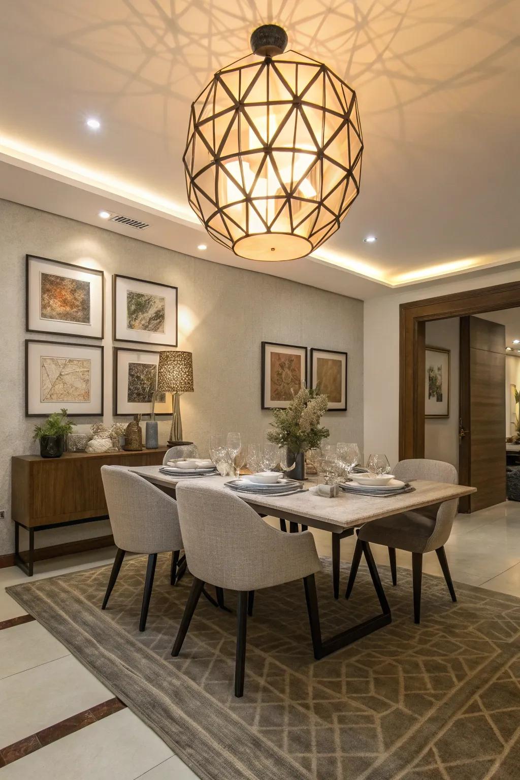 A geometric fixture lends a modern panache to an elegant dining room.