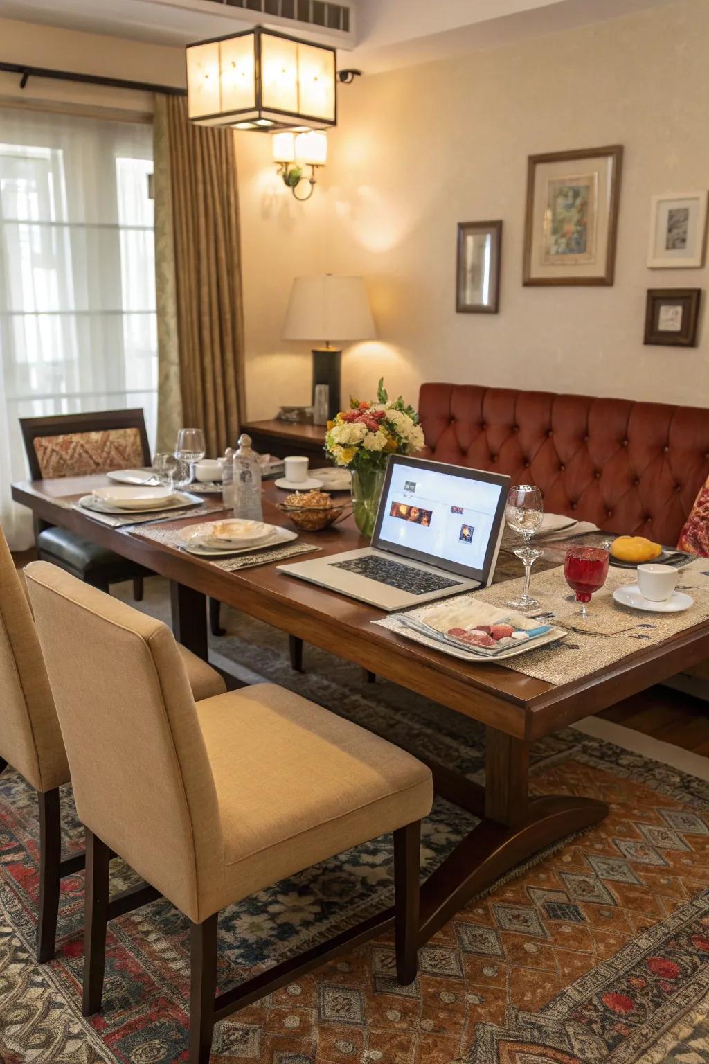 Relaxing seating suitable for dining and professional activities.
