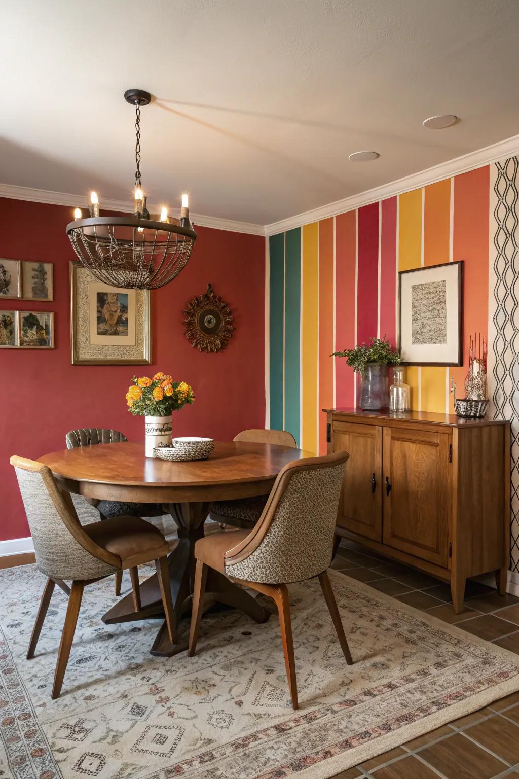 A bold accent wall infuses drama and style into the dining room.