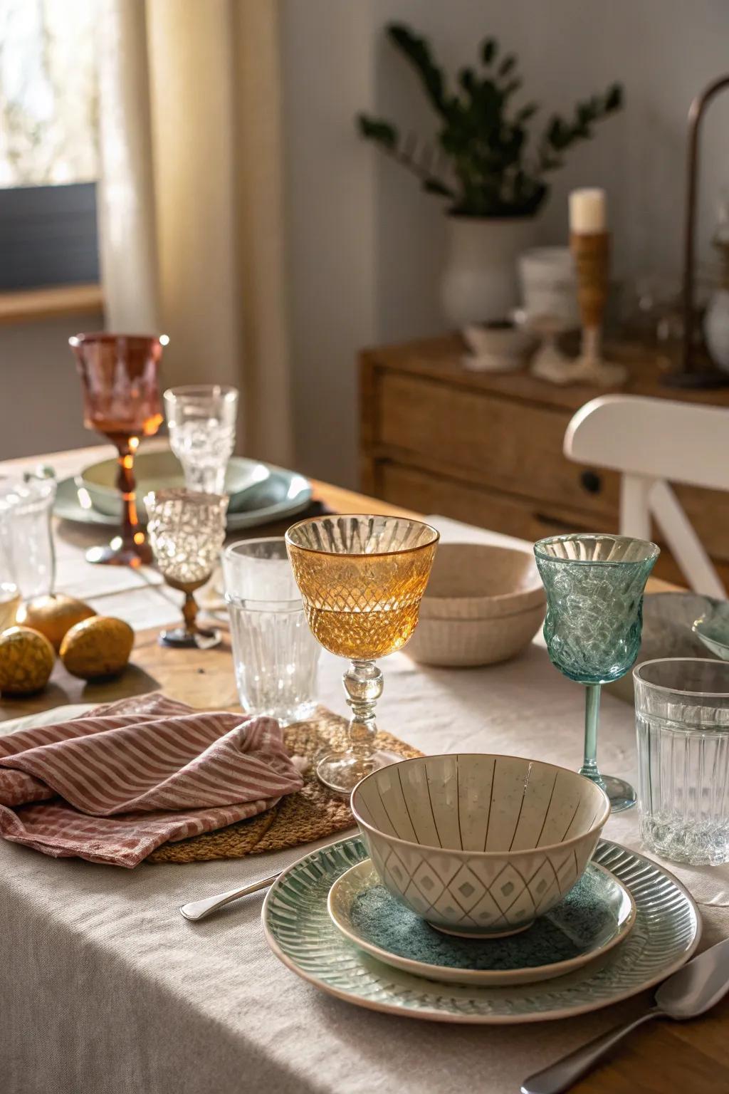 A dining table showcasing a fusion of antique glassware with current dinnerware.