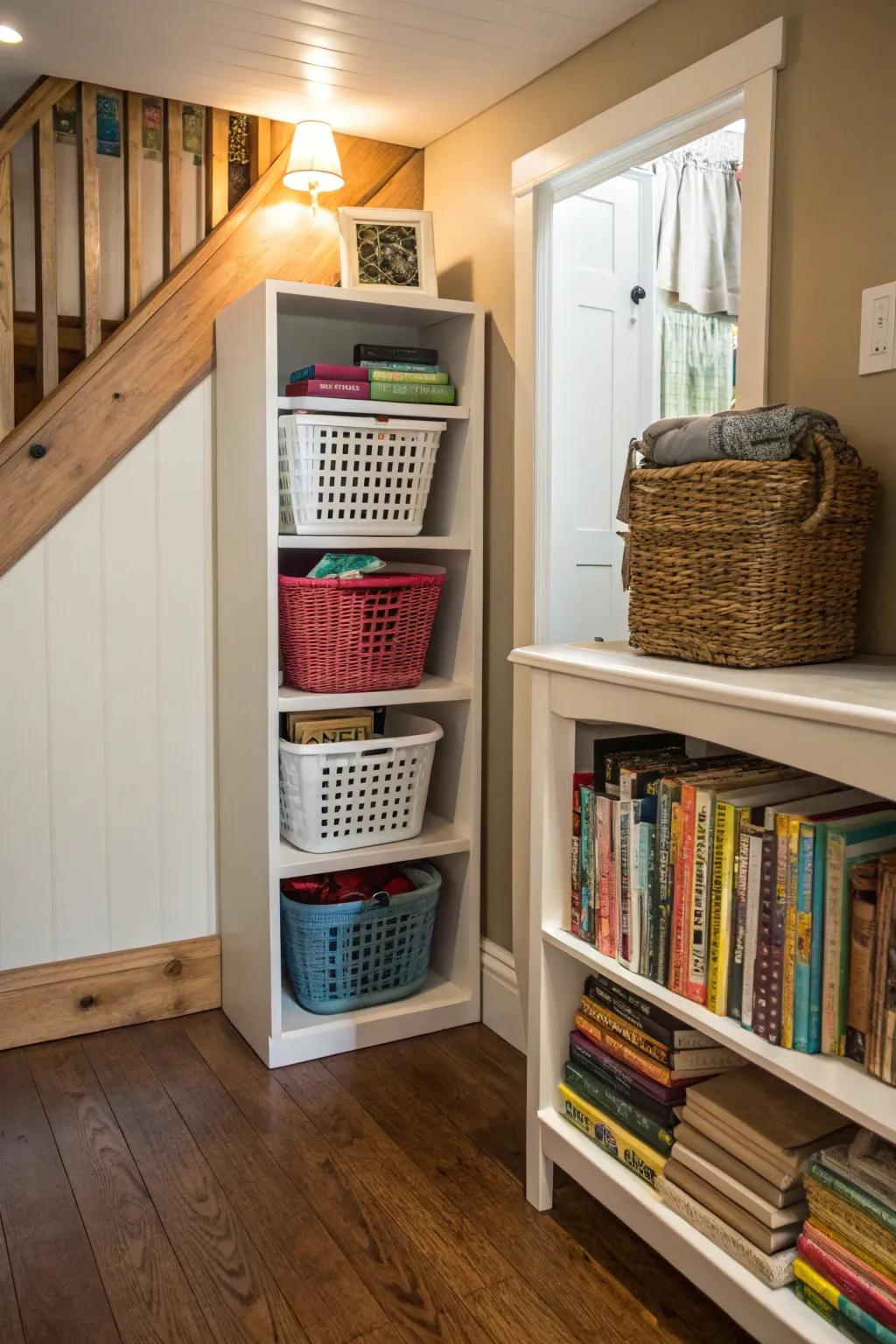 A book display becomes a charming laundry management station with individualized containers.