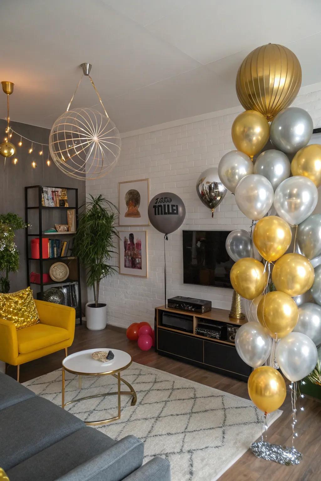 Polished air-filled accents infuse a celebratory flourish to a disco party layout.