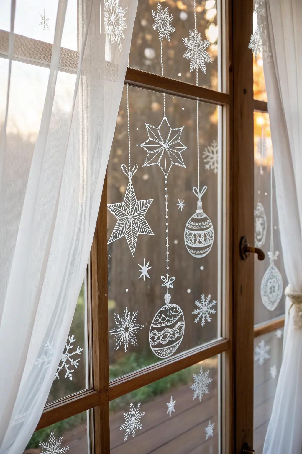 Transform your window into a canvas of holiday charm with chalkboard marker designs, perfectly capturing the essence of simplistic seasonal joy.