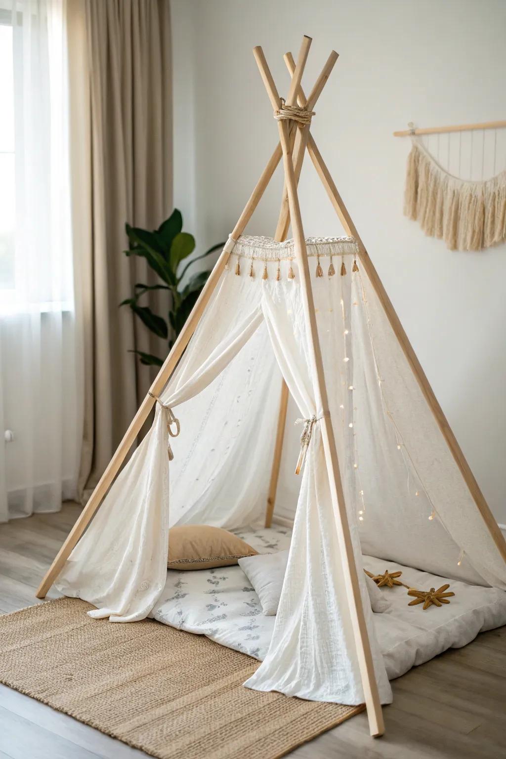 Fashion your own serene escape with a simple wood stick teepee, where minimalist design meets bohemian charm.