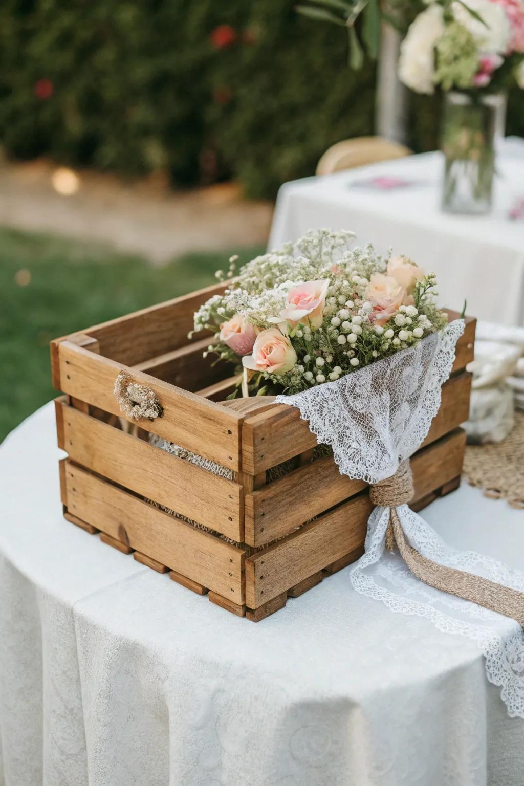 Elevate your wedding decor with this rustic crate, marrying natural elegance with heartfelt charm.