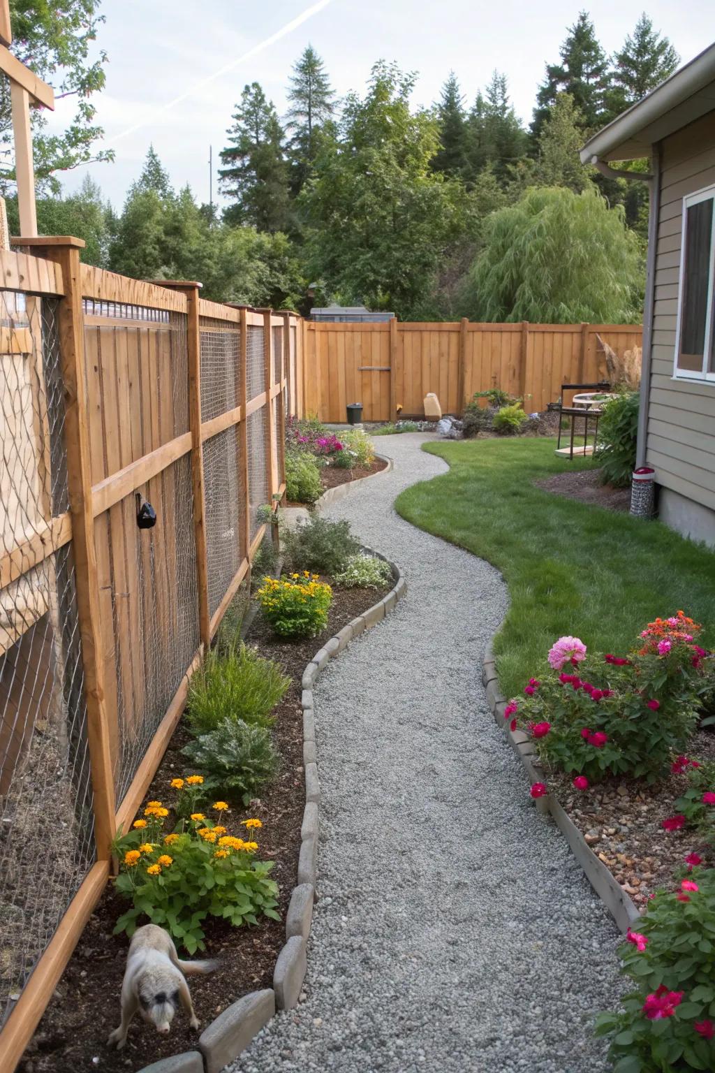 Pebble pathways contribute to the durability and allure of your pup playground.
