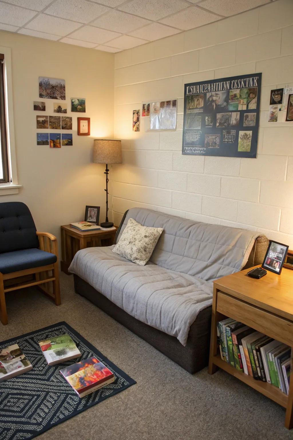 A comfortable relaxation area in a dorm room, ideal for unwinding and socializing.