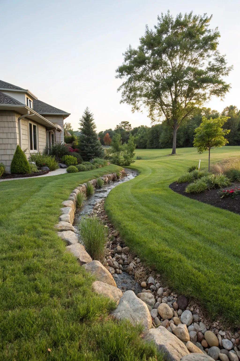 An expertly integrated drainage swale enriches the overall charm of the lawn.