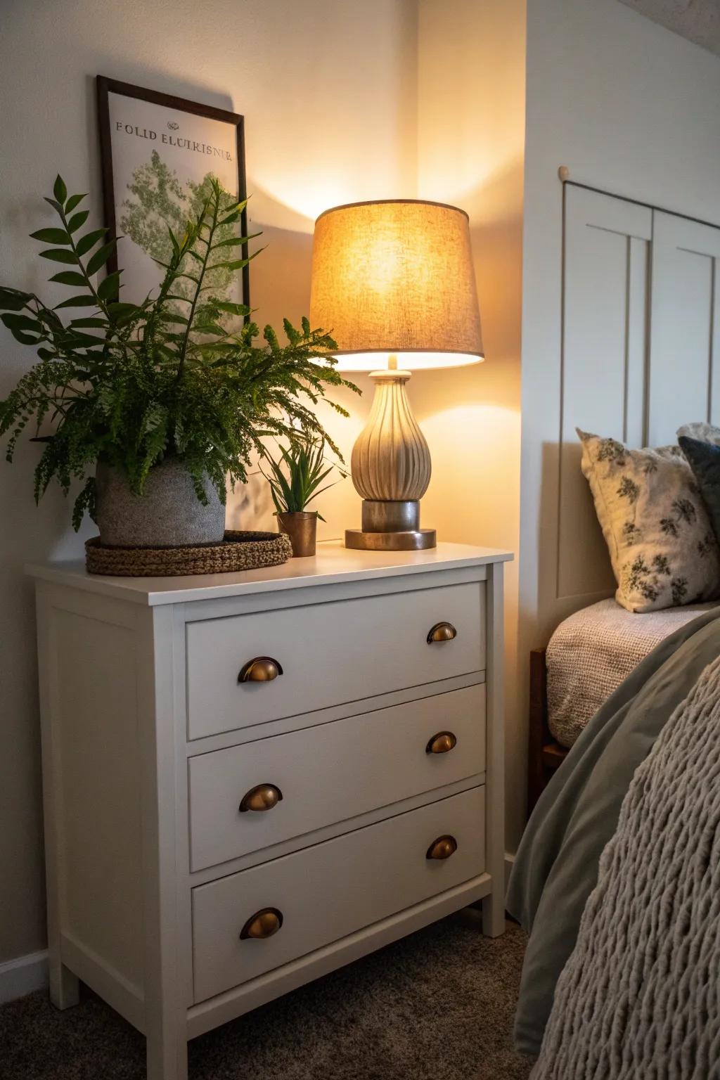 A petite dresser adorned with a lamp and greenery, enriching its functionality and style.