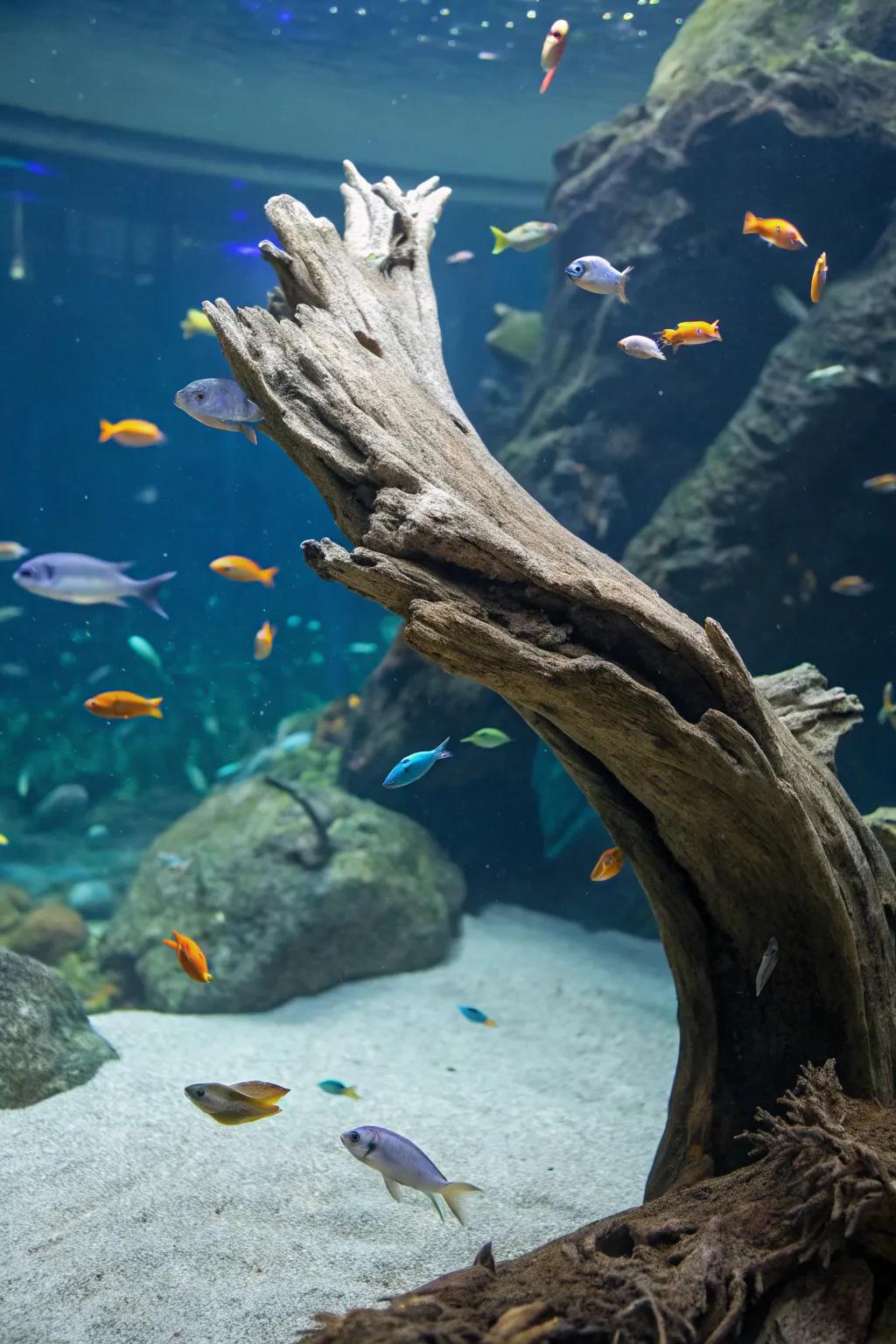 An enchanting deception of levitating bogwood in a serene aquarium milieu.