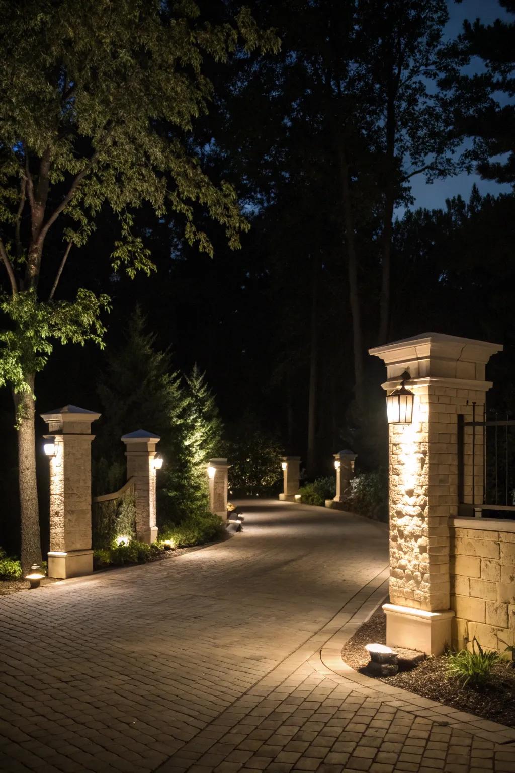 Column lighting turns the driveway entry into a captivating nighttime scene.
