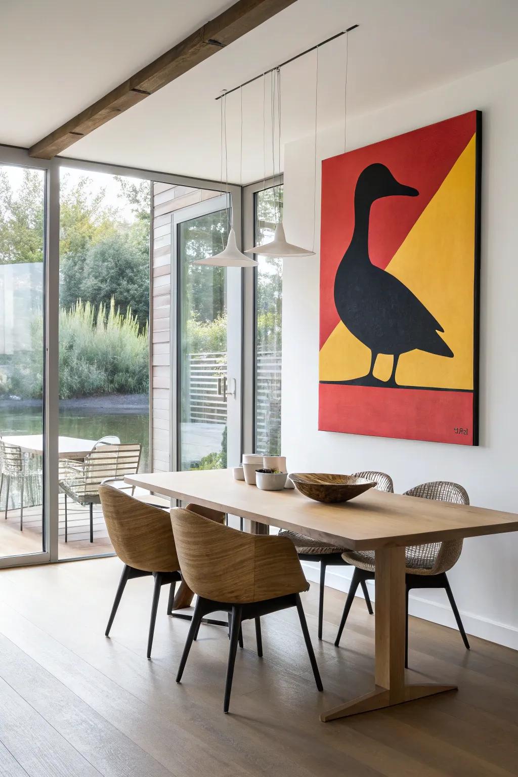 A minimalist duck form painting for a contemporary flair.