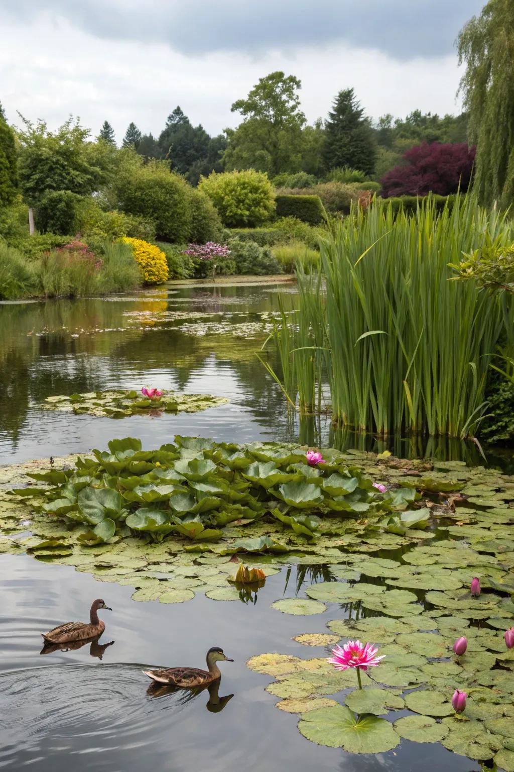 Abundant aquatic flora nurture a flourishing habitat for ducks.
