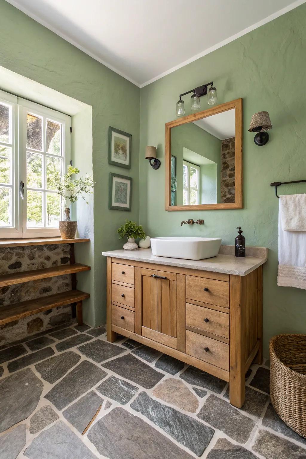 Natural tones create a serene and appealing restroom atmosphere.