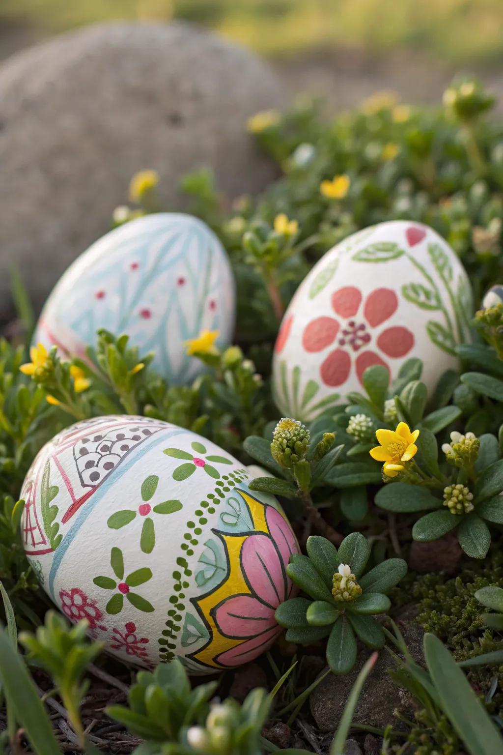 An exquisite display of ornate Easter eggs enhanced with natural touches.