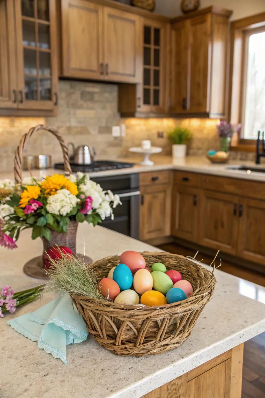 A lively showcase of vibrant Easter eggs embellishes the kitchen center island.