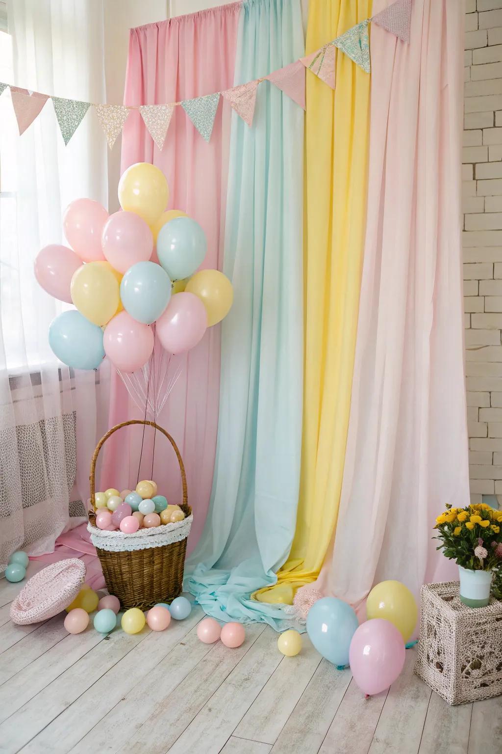 Soft pastel balloons and drapes create a dreamy Easter photo setting.
