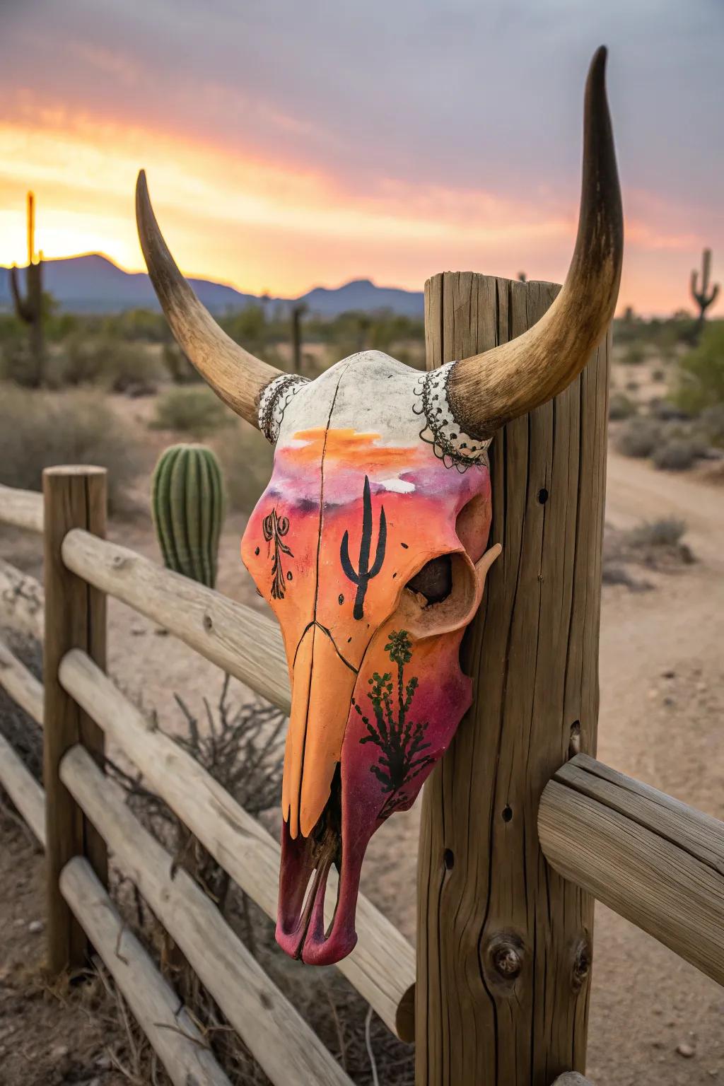 Desert scenes transform bovine skulls into rustic artworks.