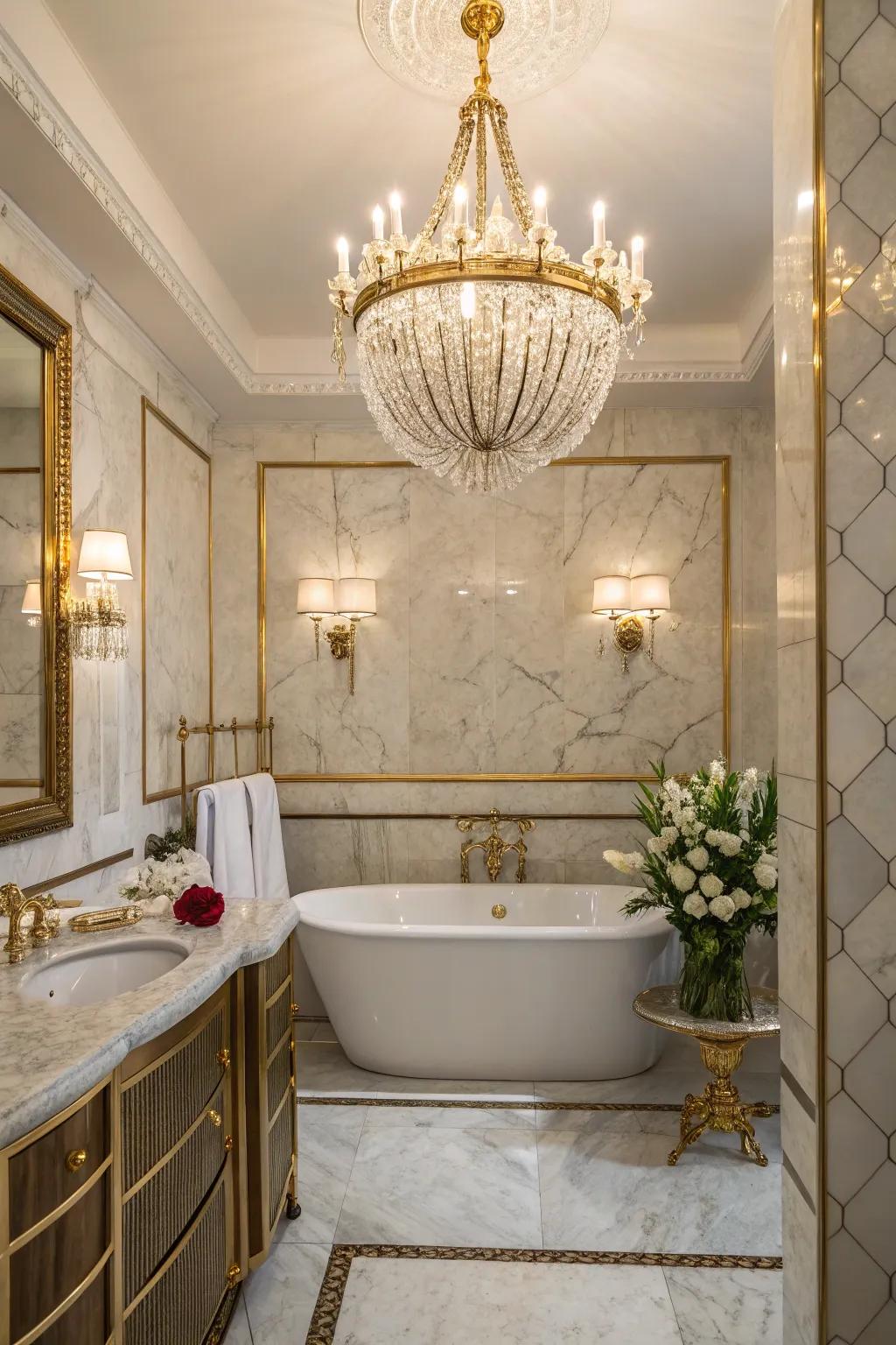 A lighting fixture adds a touch of glamor to this elegant bathroom.