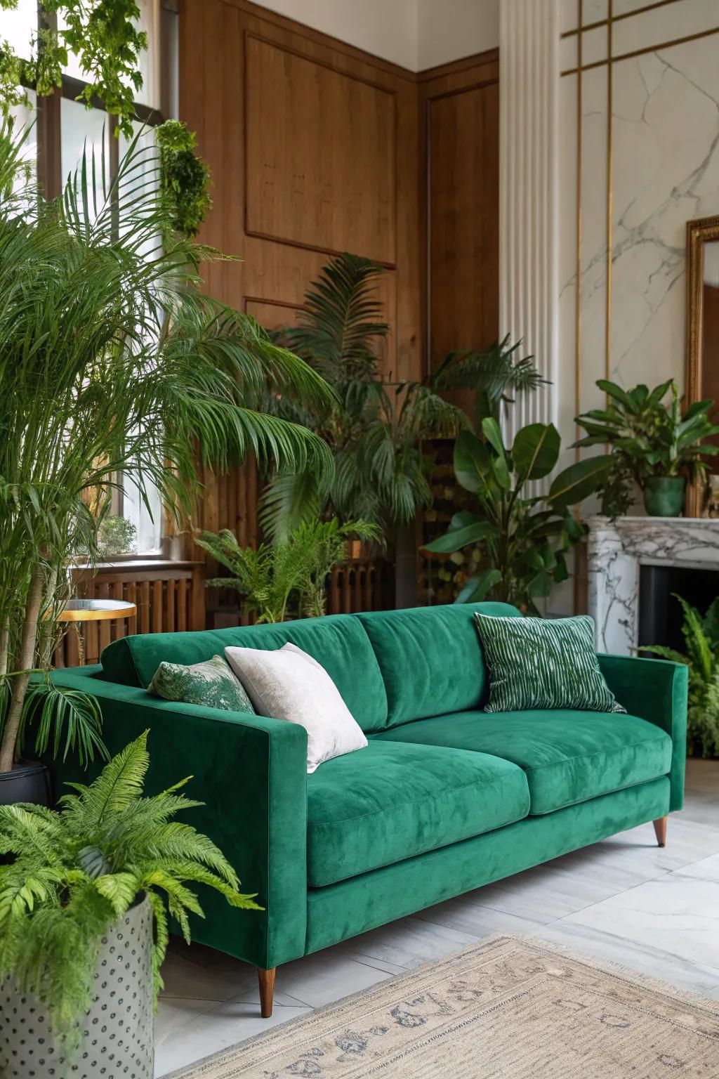 Indoor flora harmonizes exquisitely with an emerald sofa.