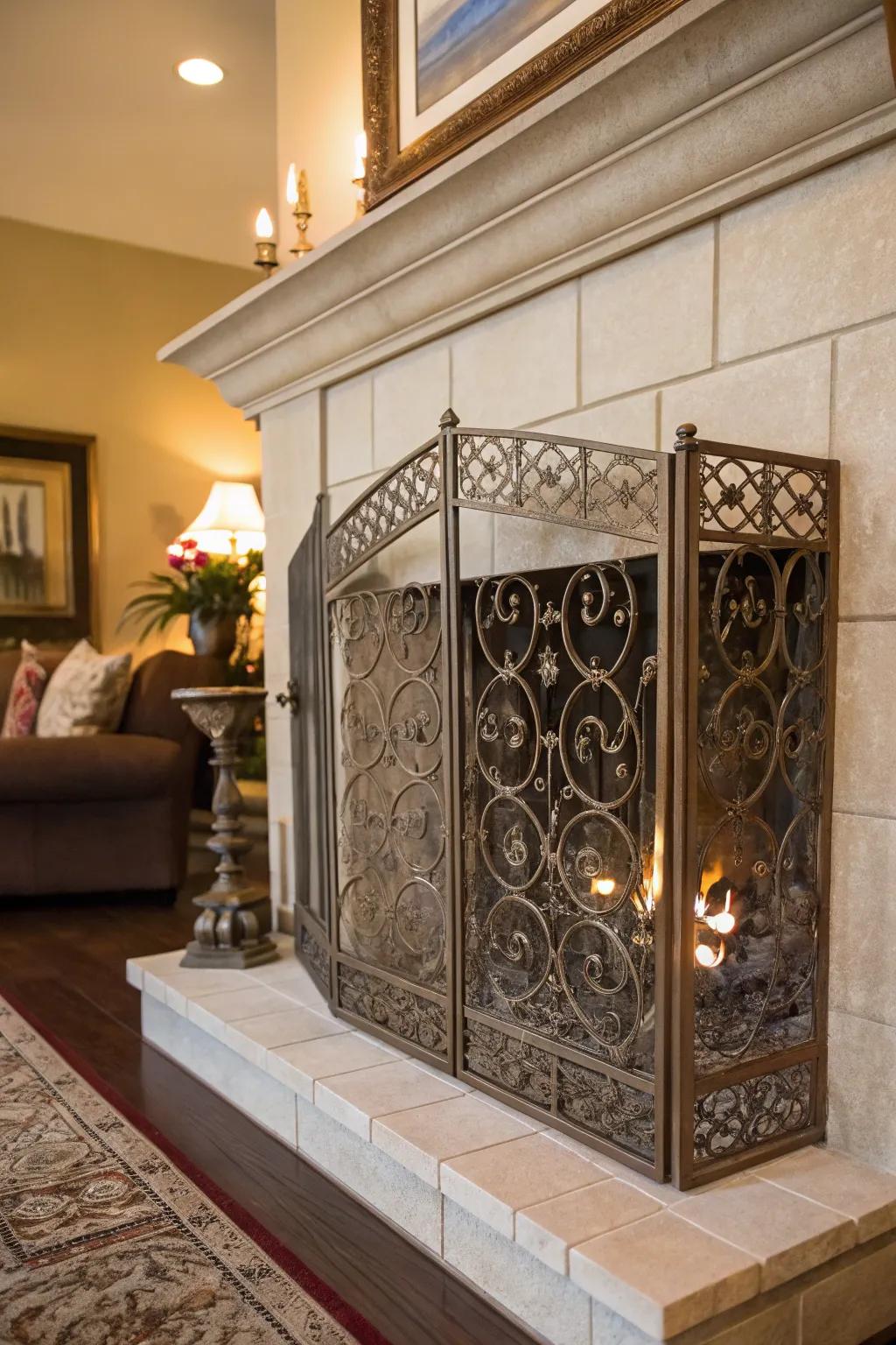 Incorporate beauty using a decorative shield for your fireplace.