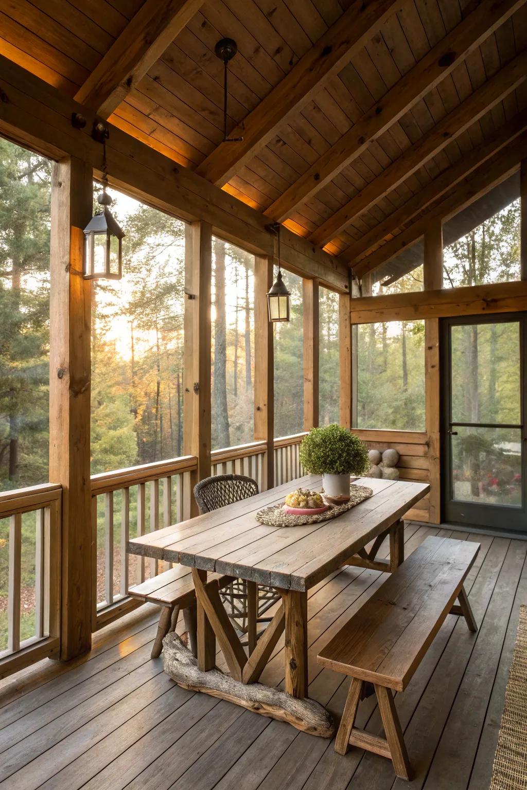 Rustic allure conveyed through wooden accents.