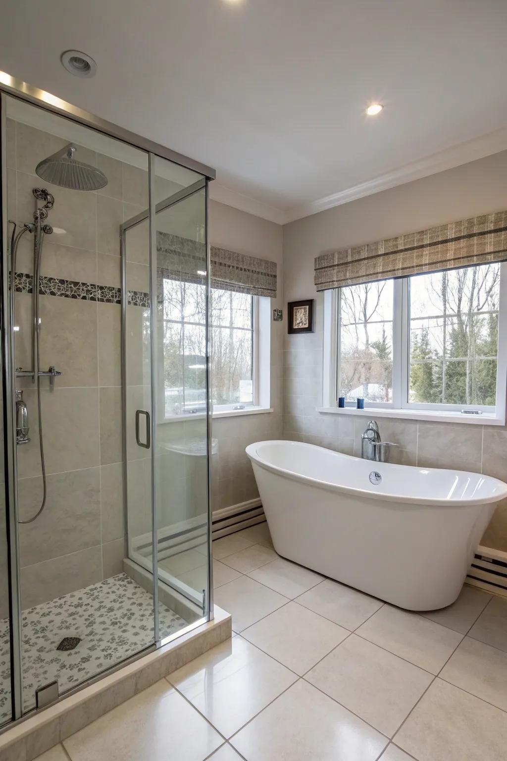 Distinct shower and tub arrangements evoke a spa-like ambiance.