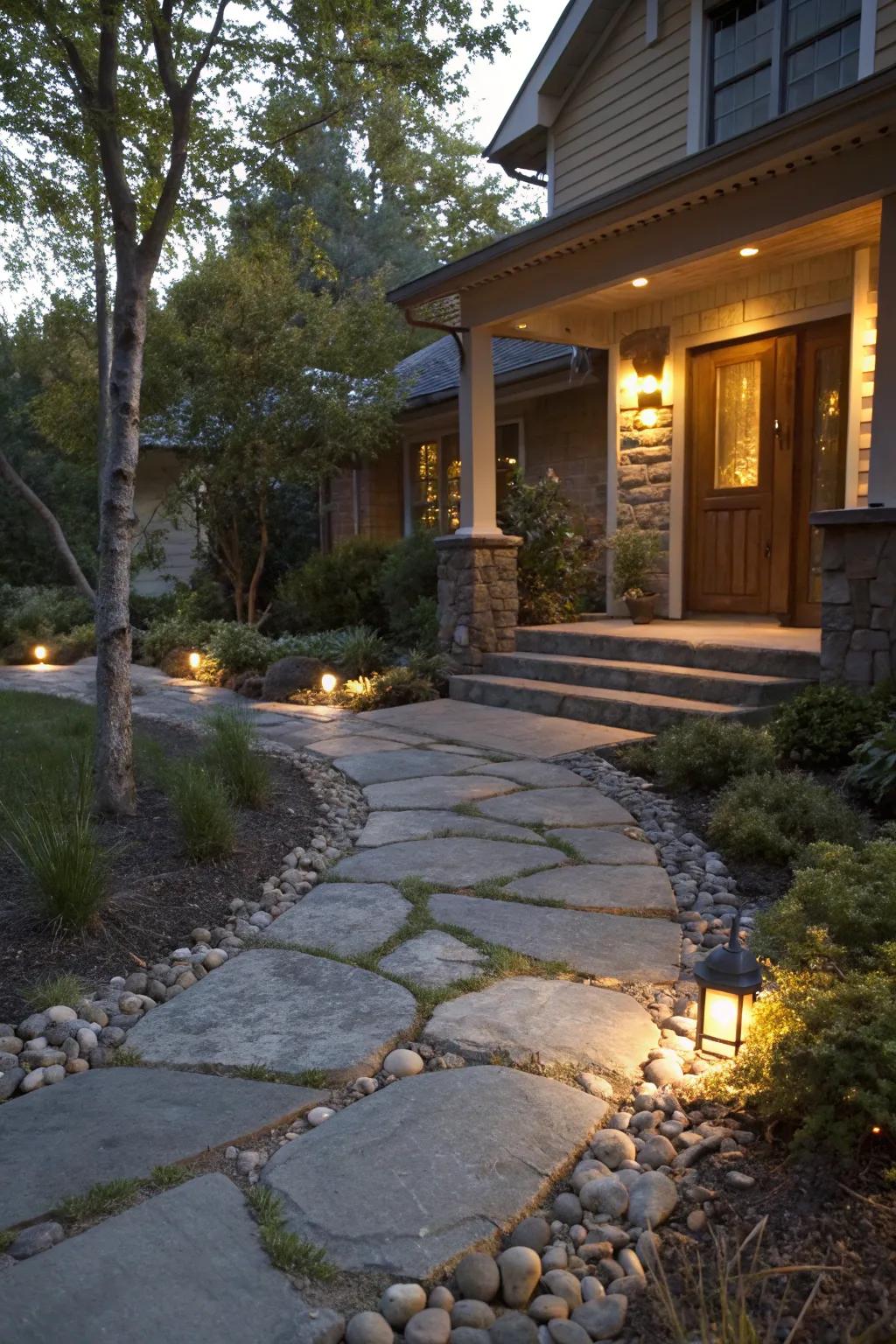 An endearing stone route accompanied by illumination, guiding you towards the front porch.