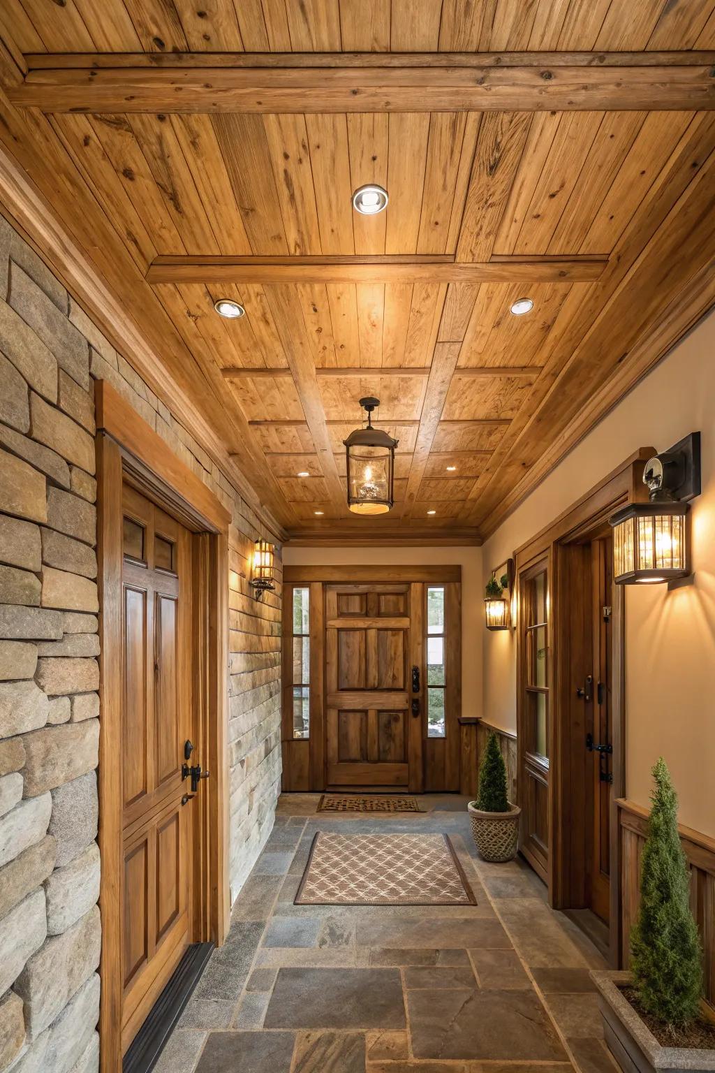 Timber paneling introduces an element of rustic warmth into your entryway.