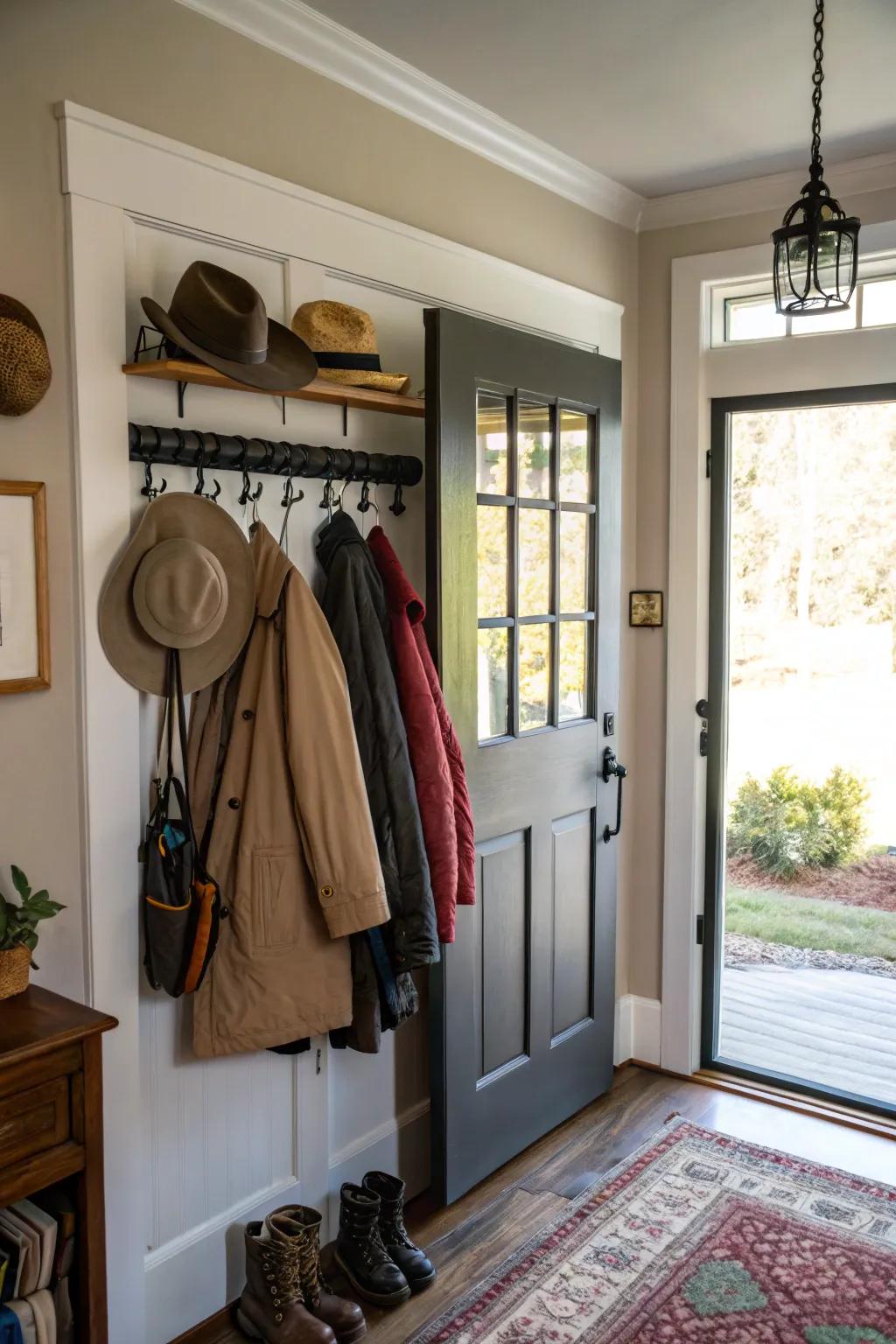 Utilize over-the-door pegs for a smooth stowing solution.