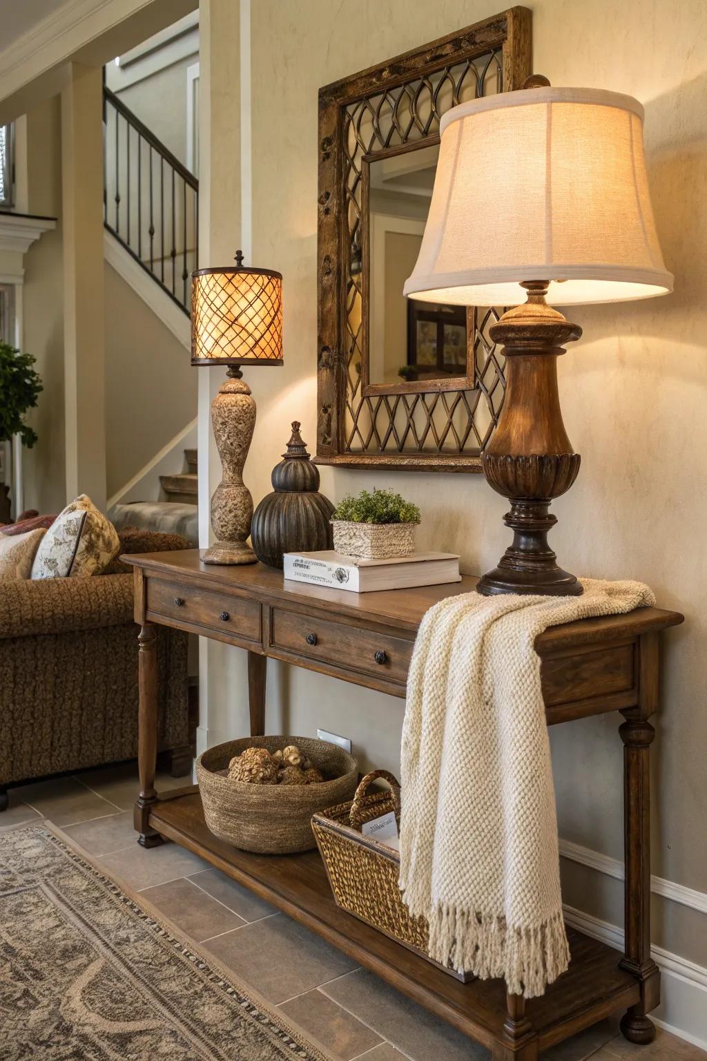 An ornamental table illumination brings warmth and style to this alluring entryway.