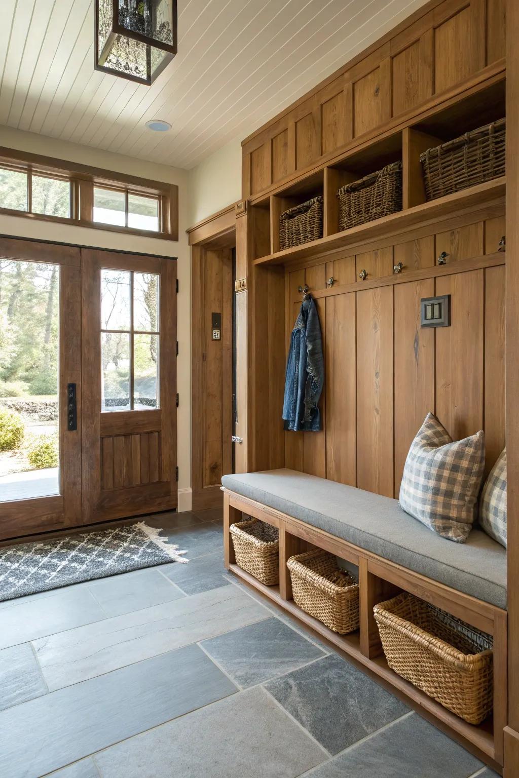 Unite design with functionality through a bench and storage setup in your entryway.