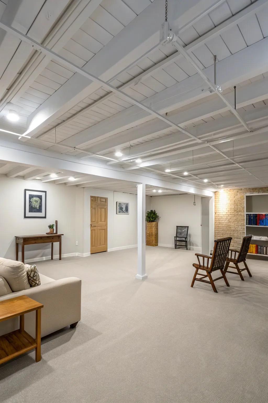 A luminous and airy basement with a painted overhead.