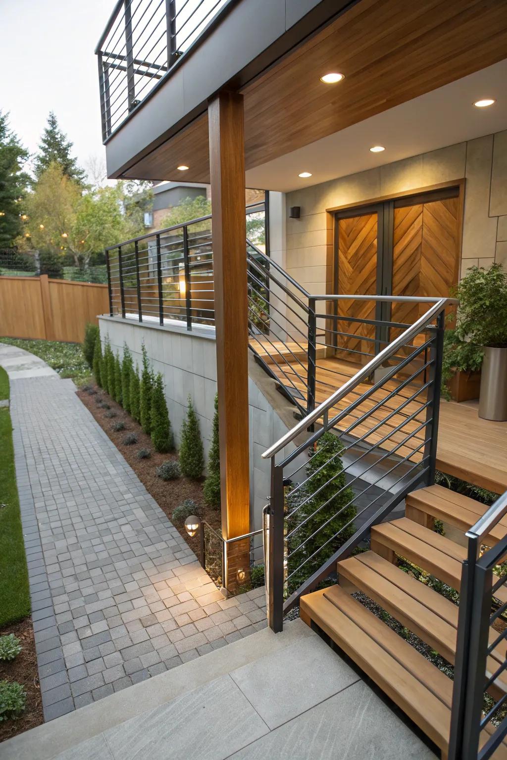 Steel and wooden railings enhance both safety and style.