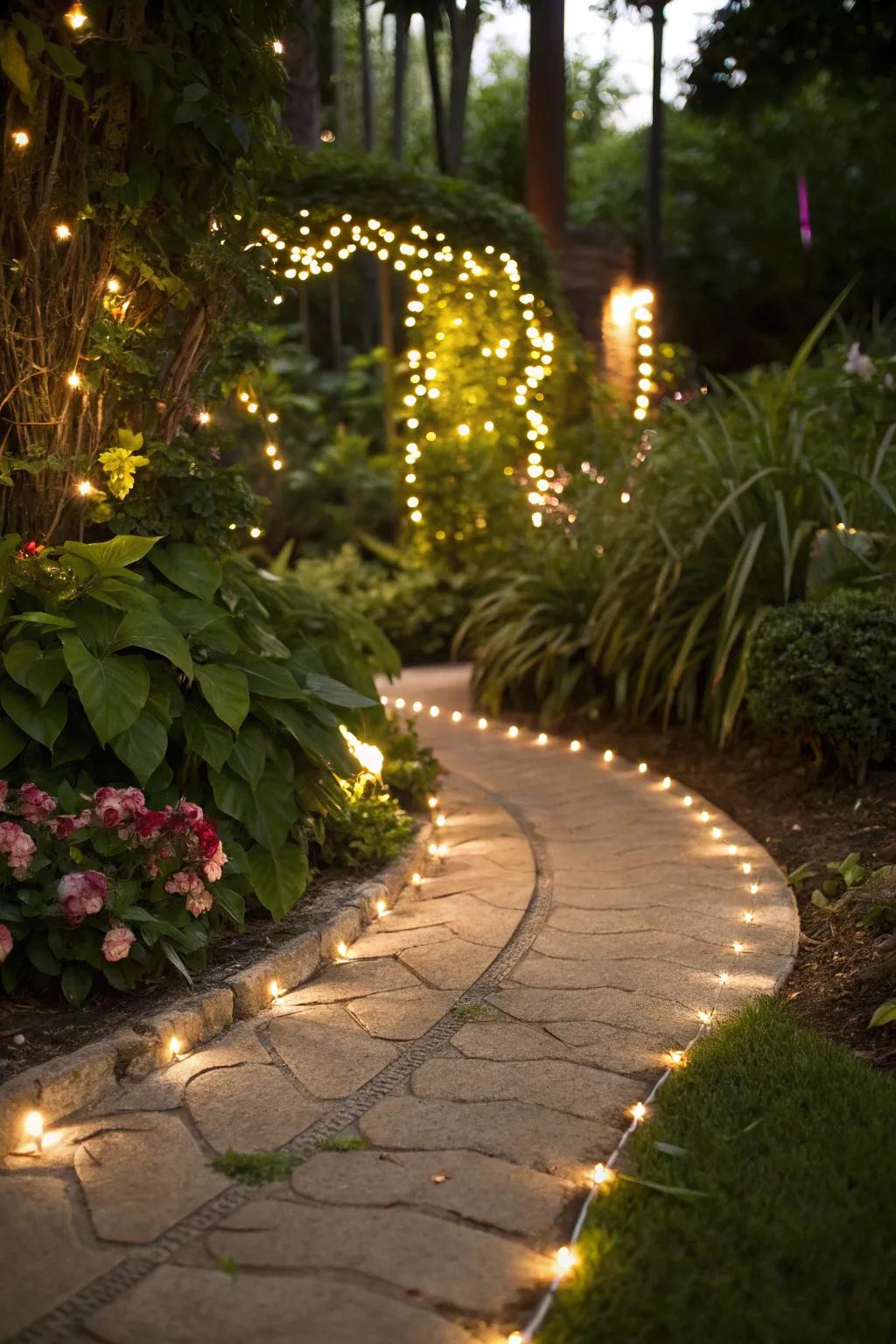 Twinkle lights brighten walkways with a welcoming radiance.