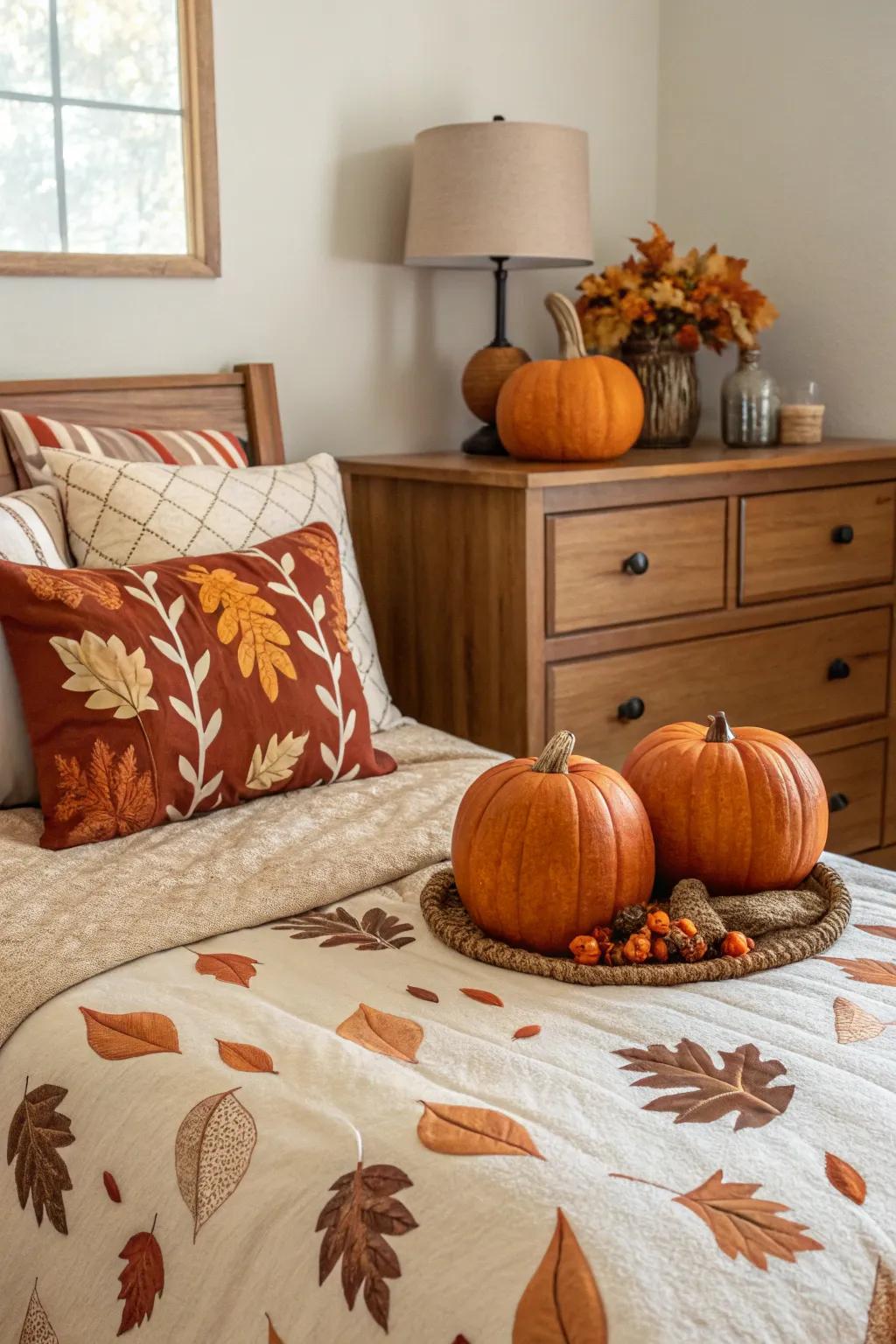 Seasonal decor adds a festive touch to your fall bedroom.
